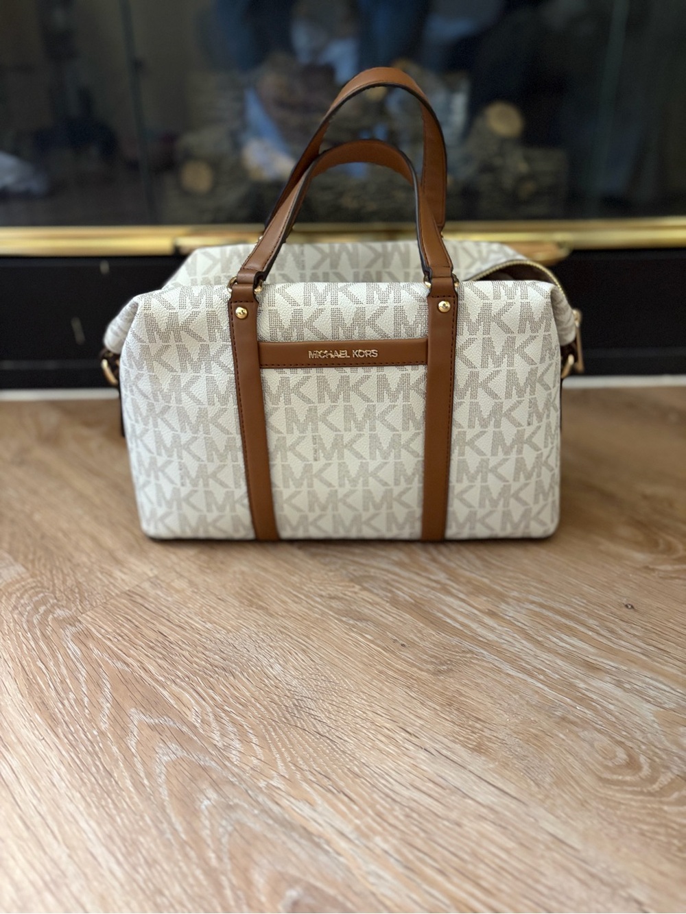 Michael Kors Cream Signature Canvas Duffel with Brown Trim